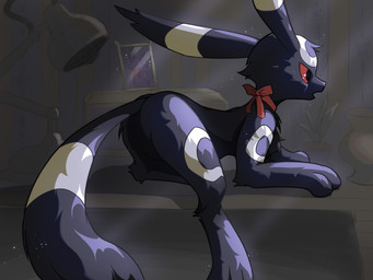 ambiguous_gender bow_ribbon feral fur furniture_lamp light moonlight night plant_pot red_eyes solo tail white_body white_fur adetuddymax nintendo pokemon eeveelution generation_2_pokemon pokemon_(species) umbreon hi_res