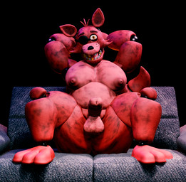 1_eye anthro areola balls belly big_moobs erection eye_patch eyewear feet front_view furniture genitals gold_(metal) gold_tooth hands_behind_head happy humanoid_genitalia looking_at_viewer machine male moobs multicolored_body nipples on_sofa open_mouth overweight overweight_anthro overweight_male penis pointy_ears pose red_areola red_body simple_background sitting sitting_on_sofa smile sofa solo solo_focus tail teeth tongue yellow_eyes wynter_faver five_nights_at_freddy's scottgames foxy_(fnaf) canid canine fox mammal 2026 3d_(artwork) blender_(artwork) digital_media_(artwork)