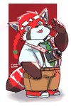 anthro bottomwear camera clothing pants shirt slightly_chubby solo tongue tongue_out topwear young young_anthro tongmung24 lifewonders tokyo_afterschool_summoners zhurong_(tas) ailurid mammal red_panda 2022