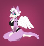 anthro barefoot black_sclera blue_eyes bra breasts clothing feet female fur hair kneeling panties pink_body pink_fur simple_background sitting smile solo toes underwear white_body white_fur wings pasta_(artist) aurora_(shai_dreamcast) canid canine canis jackal mammal absurd_res digital_media_(artwork) hi_res