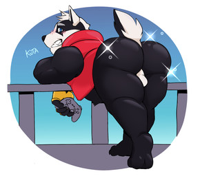 anthro backsack balls belly black_body black_nose blue_eyes blush butt controller game_controller genitals male slightly_chubby smile solo white_body outcast-stars bradley_the_badger_(game) bradley_(bradley_the_badger) badger mammal mustelid musteline 2025 hi_res