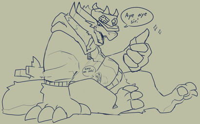3_toes 4_claws bottomless bottomless_male claws clothed clothing duo feet gesture hand_gesture hoodie macrokuga male micro_in_pocket open_mouth shortstack text thumbs_up toes topwear kingkuga mythology briggsy_(kingkuga) dragon mythological_creature mythological_scalie scalie english_text
