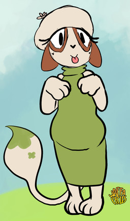 anthro barefoot brown_ears brown_markings clothing dress eye_markings eyelashes feet female fingers floppy_ears fur grass green_clothing green_dress lop_ears markings paintbrush_tail plant pseudo_hat sky smile solo standing tail tan_body tan_fur text tongue tongue_out waffafries nintendo pokemon daisy_(waffafries) generation_2_pokemon pokemon_(species) smeargle 2025 artist_name digital_drawing_(artwork) digital_media_(artwork) hi_res trans_(lore) trans_woman_(lore)