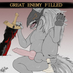 after_sex anal anal_fingering animal_genitalia animal_penis anthro anus armor balls bodily_fluids canine_genitalia canine_penis cum cum_in_ass cum_inside cum_pool erection feet fingering fingering_self genital_fluids genitals knot leaking_cum lying male masturbation melee_weapon on_side open_mouth pawpads paws penis presenting raised_leg saliva soles solo sword text tongue weapon moofles123 elden_ring fromsoftware vanquished_(meme) maliketh_(elden_ring) canid canine canis mammal wolf 1:1 2022 digital_media_(artwork) english_text hi_res meme