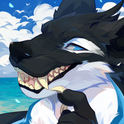anthro black_body black_fur black_nose blue_eyes cheek_tuft cloud day facial_tuft fangs front_view fur glistening glistening_eyes head_tuft looking_at_viewer male open_mouth outside pink_tongue solo teeth tongue tuft white_body white_fur corzh77 canid canine mammal 1:1 bust_portrait hi_res portrait