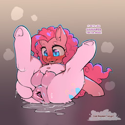 animal_genitalia animal_vulva blue_eyes blush blush_lines bodily_fluids clitoris cutie_mark equine_genitalia equine_vulva eyelashes female feral fur genital_fluids genitals looking_at_genitalia looking_at_self looking_at_vulva nipples open_mouth pink_body pink_fur pupils quadruped smile solo spread_vulva spreading tail teats text vaginal_fluids vulva cold-blooded-twilight friendship_is_magic hasbro my_little_pony pinkie_pie_(mlp) earth_pony equid equine horse mammal pony 1:1 colored digital_drawing_(artwork) digital_media_(artwork) english_text hi_res