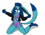 anthro blue_body blue_eyes blue_hair bodily_fluids breasts clothed clothing coat female hair kneeling leg_markings markings nipples open_clothing open_coat open_topwear partially_clothed pokemorph simple_background slime socks_(marking) solo sweat tail topwear white_background luigi-vaporeon nintendo pokemon eeveelution generation_4_pokemon glaceon goo_creature pokemon_(species) 2011