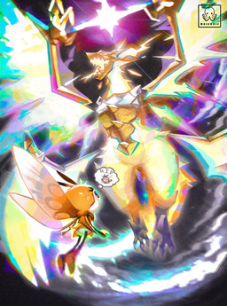 3_toes 4_claws ambiguous_gender antennae_(anatomy) bodily_fluids charging_up claws detailed_background duo energy eyelashes feet glowing imminent_death impending_doom insect_wings larger_ambiguous light_wings long_tail multicolored_wings open_mouth r.i.p. size_difference sky skyscape smaller_ambiguous spiked_tail spikes spikes_(anatomy) sweat sweatdrop tail text thought_bubble toe_claws toes white_body wings yellow_body z-move maskooss nintendo pokemon generation_7_pokemon legendary_pokemon pokemon_(species) ribombee ultra_necrozma 2026 hi_res watermark