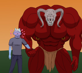 5_fingers abs abstract_background anterior_nasal_aperture anthro back_muscles biceps big_muscles big_pecs biped blue_body blue_bottomwear blue_clothing blue_ears blue_fur blue_pants blush blush_lines bone bottomwear clothed clothing curved_horn deltoids denim denim_bottomwear denim_clothing dot_eyes duo fingers front_view fur grey_clothing grey_nose grey_shirt grey_topwear hair hand_holding heart_reaction heart_symbol horn huge_muscles huge_pecs jeans loincloth male male/male muscular muscular_arms muscular_humanoid muscular_male navel nipple_piercing nipple_ring nipples obliques open_mouth outside pants pecs piercing purple_body purple_fur quads red_body red_eyes red_skin ring_piercing serratus sharp_teeth shirt simple_background simple_eyes size_difference skull skull_head standing t-shirt teeth topless topless_male topwear triceps tusks white_body white_fur white_hair rodin rodin_(character) demon domestic_cat felid feline felis humanoid mammal 2021 aliasing digital_media_(artwork) hi_res