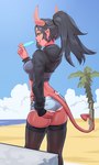 beach black_hair black_sclera bottomwear clothing crop_top cutoffs denim denim_bottomwear denim_clothing female food hair hoodie horn hotpants humanoid_pointy_ears legwear not_furry outside palm_tree plant pointy_ears ponytail popsicle red_body red_skin seaside shirt shorts solo thigh_highs thong tongue tongue_out topwear tree underwear yellow_eyes telepurte demon horned_humanoid humanoid 2022 hi_res