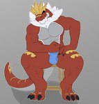 abs absurd_res anthro barazoku beard biceps bulge claws clothed clothing dinosaur facial_hair flexing flexing_bicep fossil_pokemon furniture fuzzylynx generation_6_pokemon hi_res lizard male mane multicolored_body muscular muscular_anthro muscular_male nintendo pecs pokemon pokemon_(species) pose red_body red_scales reptile scales scalie shadow simple_background sitting solo stool toe_claws topless two_tone_body tyrantrum underwear