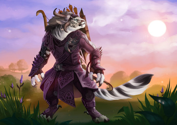 4_ears accessory anthro armor arrow_(weapon) bow_(weapon) claws detailed_background fangs female flat_chested fluffy fluffy_tail fur grass headband horn leather leather_armor mane multi_ear plant quiver_(object) ranged_weapon sky solo star stripes sun tail teeth tree weapon white_body white_fur hounds-tooth guild_wars charr felid mammal