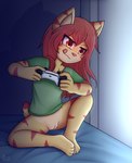 adolescent anthro bed bottomless bottomless_anthro bottomless_female casual_exposure clothed clothing female furniture gaming genitals playing_video_game pussy sitting solo young young_anthro young_female dream_mirage domestic_cat felid feline felis mammal absurd_res hi_res