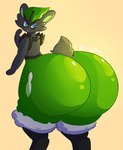 anthro big_butt blue_eyes butt glistening glistening_butt green_butt green_inner_ear green_nose grey_body grey_ears grey_tail huge_butt hyper hyper_butt looking_at_butt looking_at_own_butt looking_back looking_back_at_self male open_mouth scut_tail short_tail simple_background solo tail tan_background thick_thighs white_mouth wulfykae nintendo pokemon reathe_(character) cinderace generation_8_pokemon pokemon_(species) 2020 colored digital_media_(artwork) hi_res shaded