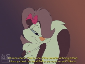 accessory anthro areola big_breasts bow_ribbon breasts female fur hair hair_accessory hair_bow hair_ribbon nipples purple_body purple_fur revealing_breasts ribbons simple_background smile solo tail text toongrowner tiny_toon_adventures warner_brothers fifi_la_fume mammal mephitid skunk striped_skunk digital_media_(artwork) english_text hi_res