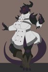 anthro breasts claws clothed clothing fangs female horn mature_female multi_eye non-mammal_breasts open_mouth open_smile orange_eyes purple_body simple_background smile solo tail teeth tolerain mythology kyssani_(tolerain) dragon mythological_creature mythological_scalie scalie hi_res