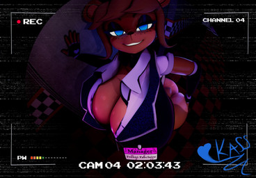 anthro armwear big_breasts big_butt blue_eyes breasts butt cleavage clothed clothing elbow_gloves female fingerless_gloves freckled_face freckles gloves glowing glowing_eyes handwear huge_breasts huge_butt inside looking_up machine name_tag scut_tail short_tail smile solo standing tail kassadiro cryptiacurves_(modeler) five_nights_at_freddy's fredina's_nightclub scottgames freddy_(fnaf) frenni_(cryptiacurves) animatronic bear mammal robot 3d_(artwork) absurd_res digital_media_(artwork) hi_res