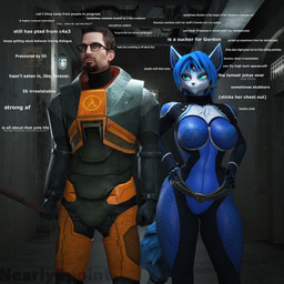 anthro armor biped charmed chest_fur clothing crowbar duo facts female glowing glowing_eyes hands_on_hips hev_suit humor interior_background jewelry jumpsuit locked_in looking_at_another looking_at_partner looking_away male male/female metal_armor side_eye smile text tools turned_on nearlyepoint warfaremachine_(modeler) half-life half-life_2 nintendo star_fox valve eli_vance gordon_freeman krystal_(star_fox) canid canine fox human mammal crossover hi_res watermark