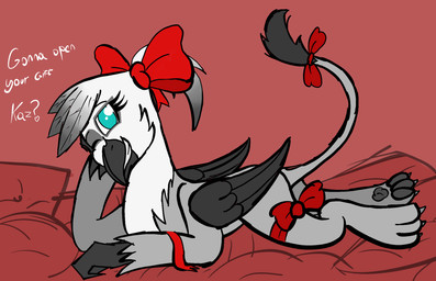 accessory bow_(feature) bow_accessory bow_ribbon centered_hair_bow female feral furgonomics gift_wrapped hair_accessory hair_bow hair_ribbon leg_bow ribbons solo tail tail_accessory tail_bow tail_ribbon sombird hasbro my_little_pony mythology ida_whiptail avian gryphon mythological_avian mythological_creature hi_res