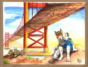ambiguous_feral ambiguous_gender anthro barefoot black_hair blue_clothing blue_shirt blue_sky blue_t-shirt blue_topwear bottomwear closed_smile clothed clothing day feet feral floppy_ears fur green_eyes grey_bottomwear grey_clothing grey_jacket grey_shorts grey_topwear group hair jacket logo male male_anthro mouth_closed one_eye_closed orange_body orange_fur outside pants shirt short_hair shorts sitting sky smile spotted_arms spotted_legs t-shirt topwear under_bridge white_body white_bottomwear white_clothing white_fur white_pants pandapaco canid canine canis dalmatian domestic_dog fox gastropod mammal mollusk snail artist_logo signature traditional_media_(artwork)