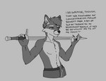 amadboii anthro arcthoudor_of_dunsmuir_(duster) canid canine dialogue english_text fox hi_res male mammal melee_weapon monochrome shirtless shirtless_male smug solo sword text weapon