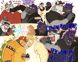 anthro armband band-aid band-aid_on_face bandage bandage_on_face bandage_on_nose beard blush chain clothed clothing collar dairy_products duo eyebrows facial_hair food fur group hair hoodie horn jewelry kissing male male/male muscular open_mouth paws plushie profanity purple_hair red_hair simple_background smile soup spiked_collar spikes tail teeth text tongue topwear white_body white_fur yogurt krunch_(artist) linkin_park mario_bros nintendo bowser day_(daybear) gary_anderson night_(hyenight) bear deer hyena koopa mammal scalie spotted_hyena striped_hyena english_text hi_res nonbinary_(lore)