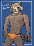 2021 abs anthro barazoku biped bulge cel_shading character_name clothed clothing cybernetics digital_media_(artwork) guardians_of_the_galaxy hi_res jrjresq machine male mammal marvel muscular muscular_anthro muscular_male pecs pinup portrait pose procyonid raccoon rocket_raccoon shaded solo standing thong three-quarter_portrait topless underwear underwear_only