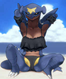 anthro anthrofied beach big_breasts biped black_clothing black_eyes black_swimwear blue_body breasts camel_toe clothed clothed_female clothing feet female front_view looking_at_viewer pokemorph raised_arms red_body solo spread_legs spreading summer swimwear tail teeth thick_thighs translucent translucent_clothing wide_hips yellow_body yellow_eyes burnable_garbage mythology nintendo pokemon dragon garchomp generation_4_pokemon mythological_creature mythological_scalie pokemon_(species) scalie absurd_res hi_res
