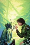 1981 ambiguous_gender antennae_(anatomy) arthropod clothed clothing compound_eyes duo female feral forest green_theme human humanx_commonwealth insect jacket mammal mantis michael_whelan outside pigment_pit plant thranx topwear tree
