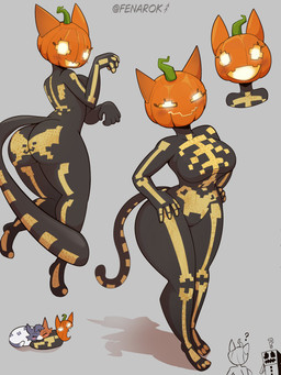 anthro big_breasts bodysuit breasts butt clothing eyelashes female food for_a_head fruit glowing glowing_eyes hands_on_hips open_mouth open_smile plant pumpkin pumpkin_head question_mark skinsuit smile solo thick_thighs tight_clothing wide_hips fenarok epic_games fortnite cate_meowdy spice_(fortnite) domestic_cat felid feline felis mammal object_head 2025 3:4 absurd_res hi_res