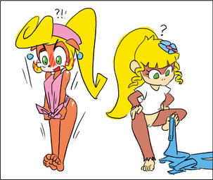 alternate_costume anthro barefoot blonde_hair blush bodily_fluids bottomless brown_body brown_fur casual_exposure clothed clothing clothing_pull clothing_swap confusion covering covering_crotch covering_self duo ear_piercing embarrassed feet female flower fur genitals green_eyes hair hat headgear headwear interrobang overalls piercing plant ponytail prehensile_feet pulling_shirt_down question_mark shirt shirt_pull simple_background t-shirt tank_top tears toes topwear topwear_pull undressing vulva white_background minus8 activision crash_bandicoot_(series) donkey_kong_(series) nintendo coco_bandicoot dixie_kong ape bandicoot chimpanzee haplorhine mammal marsupial pan_(genus) primate 2017 digital_media_(artwork)