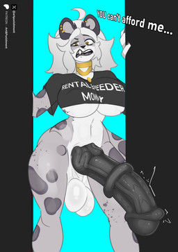 amber_eyes animal_genitalia animal_penis anthro balls belly big_balls big_penis biped black_knot black_penis breasts dialogue disgust ear_piercing equine_genitalia equine_penis erection fingers flared_penis fur genitals grey_body grey_fur gynomorph hair huge_penis hybrid_genitalia hybrid_penis intersex jewelry knot knotted_equine_penis knotted_penis medial_ring medial_ringed_hybrid_penis multicolored_body multicolored_fur navel necklace penis piercing saggy_balls sharp_teeth sheath simple_background solo spots tail teeth text thick_thighs throbbing throbbing_penis under_boob vein veiny_penis white_balls white_body white_breasts white_fur white_hair artpunishment rental_mommy freyja_(heliocintrini) felid mammal pantherine snow_leopard absurd_res english_text hi_res meme