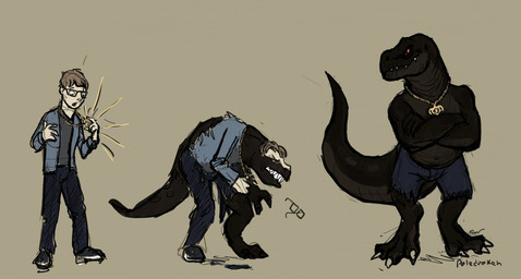 anthro base_one_layout basic_sequence clothing crossed_arms linear_sequence male one_row_layout solo species_transformation three_frame_image three_frame_sequence torn_clothing transformation transformation_sequence paledraken dinosaur prehistoric_species reptile scalie theropod tyrannosaurid tyrannosauroid tyrannosaurus tyrannosaurus_rex sequence