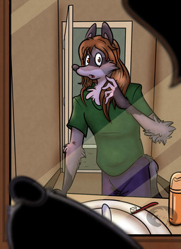 after_transformation anthro bathroom biped black_markings black_nose bottomwear brown_hair brush clothed clothed_anthro clothed_male clothing door fingerless_(marking) fingerless_gloves_(marking) first_person_view fully_clothed fully_clothed_anthro fully_clothed_male fur gloves_(marking) grey_body grey_fur hair hand_to_face inside logo looking_at_mirror looking_at_object looking_at_reflection male male_anthro markings mirror open_door open_mouth pants shirt sink snout solo standing t-shirt tail three-quarter_view toothbrush topwear tuft white_markings white_tuft trevor-fox malkai_(malkaiwot) mammal procyonid raccoon 2016 artist_logo colored shaded