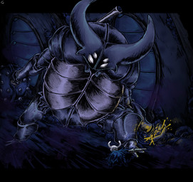 2_horns 4_eyes ambiguous_gender armor battle biped cloak clothed clothing duo fighting_pose holding_melee_weapon holding_object holding_weapon horn melee_weapon multi_eye nail_(weapon) pose standing weapon cohavmuzar hollow_knight_(franchise) team_cherry false_knight_(hollow_knight) the_knight_(hollow_knight) arthropod vessel_(species) 2025 hi_res