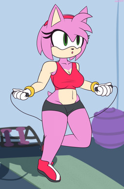 anthro athletic_wear ball bottomwear bra breasts clothed clothing exercise exercise_ball exercise_clothing female hotpants jump_rope jumping midriff navel shorts solo sports_bra thick_calves thick_thighs underwear wide_hips workout jakel009 sega sonic_the_hedgehog_(series) amy_rose eulipotyphlan hedgehog mammal absurd_res hi_res