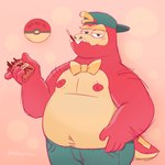 anthro anthrofied belly big_belly bottomwear bow_tie clothing eating food hat headgear headwear humanoid_hands male nipples overweight overweight_male pants pocky_in_mouth pokeball red_body solo mrdannyloco nintendo pocky pokemon fuecoco generation_9_pokemon pokemon_(species) 1:1 2022 hi_res