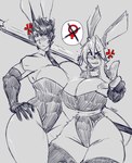 big_breasts breasts collar duo energy_sword huge_breasts melee_weapon muscular muscular_arms necktie skinny_waist speech_bubble sword thigh_up weapon wide_hips anuki gozer_mocha human lagomorph leporid mammal rabbit hi_res