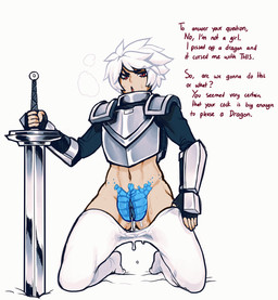 after_transformation andromorph animal_genitalia_on_humanoid armor blue_body blue_scales blue_vulva bodily_fluids bottomwear bottomwear_down clothed clothing dialogue fingerless_gloves gauntlets gender_transformation genital_fluids genitals gloves hair handwear human_with_animal_genitalia intersex kneeling looking_at_viewer magic melee_weapon mismatched_genitalia mismatched_vulva mta_transformation mti_transformation pants pants_down partially_clothed presenting presenting_vulva red_eyes reveal scales solo sweat sword talking_to_viewer text transformation vaginal_fluids vulva weapon white_hair modeseven mythology dcbk dragon human mammal mythological_creature mythological_scalie scalie english_text
