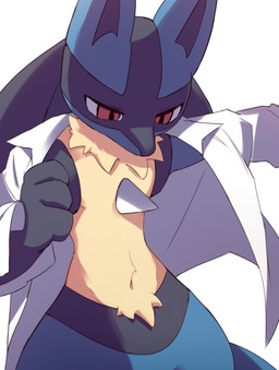 anthro black_body black_fur blue_body blue_fur bottomless chest_spike clothed clothing dressing fur half-closed_eyes looking_down male narrowed_eyes navel open_clothing open_shirt open_topwear partially_clothed red_eyes shirt simple_background solo spikes spikes_(anatomy) standing thick_thighs topwear white_background yellow_body yellow_fur syuya nintendo pokemon canid canine generation_4_pokemon lucario mammal pokemon_(species) absurd_res hi_res portrait three-quarter_portrait