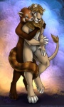 abstract_background ambiguous_gender anthro cuddling duo fur hair hug hugging_another hugging_from_behind mane mane_hair nude pubes romantic romantic_couple simple_background smile standing tail tail_around_leg tuft curiodraco ailurid felid lion mammal pantherine red_panda