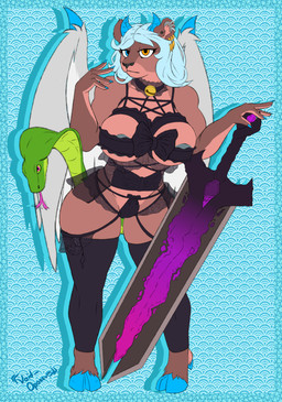 anthro bell bell_collar big_breasts black_clothing black_lingerie blue_hair breasts clothing collar ear_piercing female fur hair heterochromia horn huge_breasts lingerie living_tail melee_weapon multicolored_body multicolored_fur piercing snake_tail solo sword tail unusual_anatomy unusual_tail weapon wide_hips wings void_opossum mythology sekhmet_valentine_(character) chimera cobra elapid_(snake) felid king_cobra lion mammal pantherine reptile scalie snake absurd_res hi_res