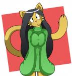 anthro big_breasts black_hair bottomless breast_squish breasts clothed clothing curious ears_up female fur green_clothing green_eyes green_sweater green_topwear hair head_tilt heart_symbol long_sleeves long_tail looking_at_viewer solo squish sweater tail topwear yellow_body yellow_fur emiridian mimi_hamilton domestic_cat felid feline felis mammal hi_res