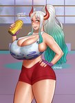 big_breasts bodily_fluids bottomwear breast_expansion breasts cleavage clothed clothing dialogue expansion female horn huge_breasts shorts solo sweat joylewds asian_mythology east_asian_mythology japanese_mythology mythology one_piece yamato_(one_piece) demon horned_humanoid humanoid oni yokai hi_res