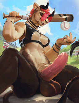 anthro ball balls baseball_(ball) big_balls big_glasses big_penis black_horn black_lips bodily_fluids bra breasts cleavage_cutout clothing cutout erection eyewear facial_piercing fangs foreskin front_view fur genital_fluids genitals glasses gynomorph gynomorph_anthro hair holding_baseball_bat horn humanoid_genitalia humanoid_penis intersex intersex_anthro jewelry lip_piercing lips necklace nose_piercing nose_ring penis piercing precum red_hair ring_piercing solo sports_bra spread_legs spreading sunglasses tan_body tan_fur teeth underwear wearing_sunglasses whiskers darkgem final_fantasy square_enix behemoth_(final_fantasy) felid lion mammal pantherine hi_res