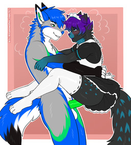 anal anal_penetration anthro balls blush clothing duo genitals humanoid_genitalia humanoid_penis legwear maid_uniform male male/male male_penetrated male_penetrating male_penetrating_male penetration penile penis romantic sex simple_background stand_and_carry_position standing standing_sex uniform kitsunewaffles-chan bleu_(bleuwolfy) canid canine canis domestic_cat felid feline felis hybrid mammal wolf 2021 dated digital_media_(artwork) shaded