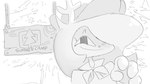 anthro big_hair closed_smile eyebrows eyelashes female fingers hair horn looking_at_viewer mouth_closed plant sign smile solo text tree white_sclera yarharcannon deer mammal 16:9 2022 digital_media_(artwork) english_text hi_res sketch widescreen