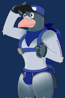 anthro backpack beak briefs bulge clothed clothing delivery_(commerce) delivery_employee feathers front_view fur hair hat headgear headwear kerchief male postal_carrier postal_delivery postal_uniform simple_background smile solo text topless transparent_background underwear conditional_dnp notkastar avian bird columbid pigeon 2019 alpha_channel digital_media_(artwork) english_text portrait three-quarter_portrait