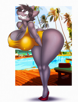 anthro bent_over big_breasts big_butt border breasts butt cleavage clothed clothing crossgender curvy_figure exposure_variation female footwear fur grey_body grey_fur hand_on_crotch high_heels hourglass_figure huge_breasts huge_butt mtf_crossgender nipple_outline one-piece_swimsuit palm_tree pink_eyes plant poolside pumps pupils red_clothing red_footwear red_high_heels shoes small_pupils solo standing swimwear thick_thighs tree white_border wide_hipped_anthro wide_hipped_female wide_hips yellow_clothing yellow_swimwear dracojeff phyco canid canine canis mammal wolf 2022 hi_res male_(lore)