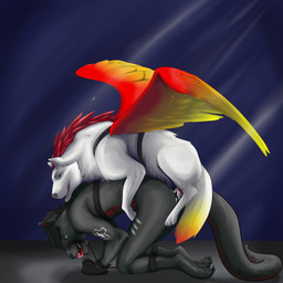 all_fours anal anal_penetration animal_genitalia animal_penis anthro anthro_on_feral anthro_penetrated ball_gag bestiality blue_eyes bodily_fluids bound canine_genitalia canine_penis claws cum cum_in_ass cum_inside doggystyle dominant dominant_feral dominant_male duo erection feathered_wings feathers feral feral_penetrating feral_penetrating_anthro from_behind_position gag gagged genital_fluids genitals green_eyes halter harness harness_ball_gag harness_gag male male/male male_on_feral male_penetrated male_penetrating male_penetrating_male mounting muzzle_(object) muzzled penetration penile penis restrained sex submissive submissive_anthro submissive_male toe_claws wings theodrekr canid canine hybrid mammal 1:1 absurd_res hi_res